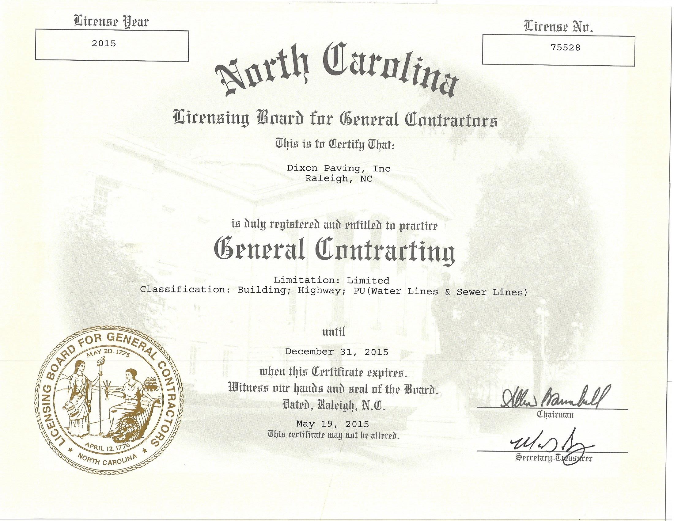 NC General Contractor License Dixon Paving & Milling Inc.